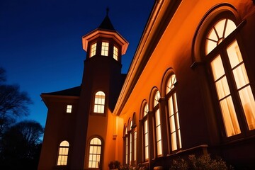 Naklejka premium Dusk Elegance Illuminating a Victorian Home with Warm Lighting