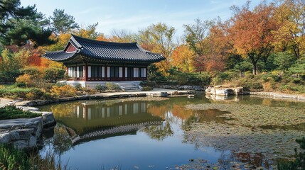 Fototapeta premium A traditional Korean building with a tiled roof and a garden.