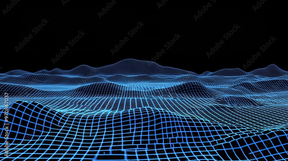 Aufkleber The background is abstract with cybernetic particles. Plexus geometric effect has a lot of compounds. There is a musical wave of particles. Low poly mesh. Flow. Wave is 3D rendered.