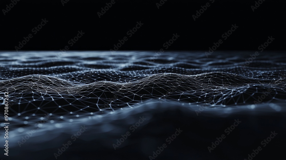 Poster A blue abstract digital background with a grid of lines. Big data visualization. Scienc background. Lines plexus complexing.