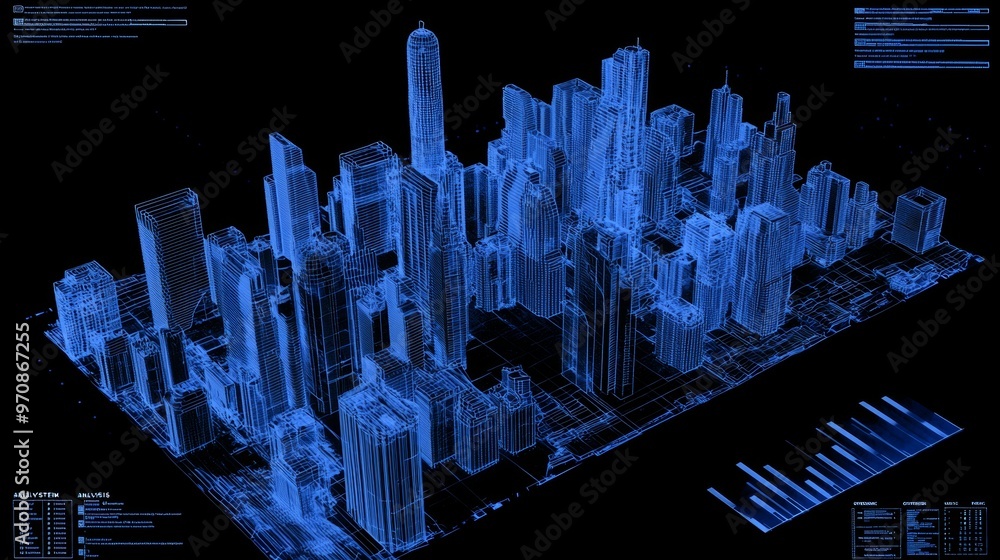 Poster Virtual 3D Hologram City Target Scanning Mission Report Panel on futuristic HUD. Wireframe reality tower building digital data screen UI sci-fi element.