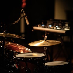 A drum set is positioned right in front of a microphone in a dark room