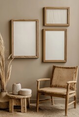 Mockup of wall gallery in living room in brown warm color with ethnic boho decoration, 3D render of wall gallery