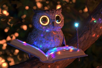 A mysterious sorceress owl on a smoky forest in the fog. Stock image of a neural network.