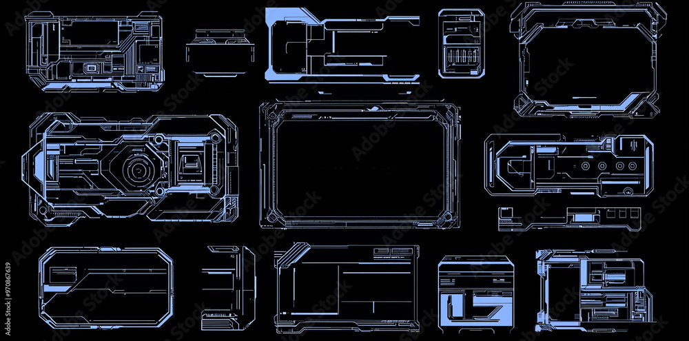 Poster Frame set for HUD. HUD control panel. Game screens. Holographic frames with HUD elements. Modern elements.