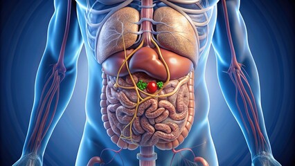 Distended abdomen with prominent veins, fluid accumulation, and swelling, illustrating symptoms of ascites, a medical condition characterized by excess fluid in the peritoneal cavity.