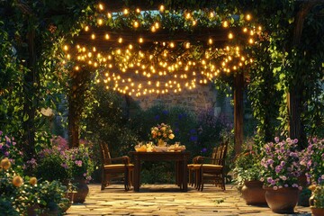 Fototapeta premium Alfresco dining area with modern patio and fairy lights