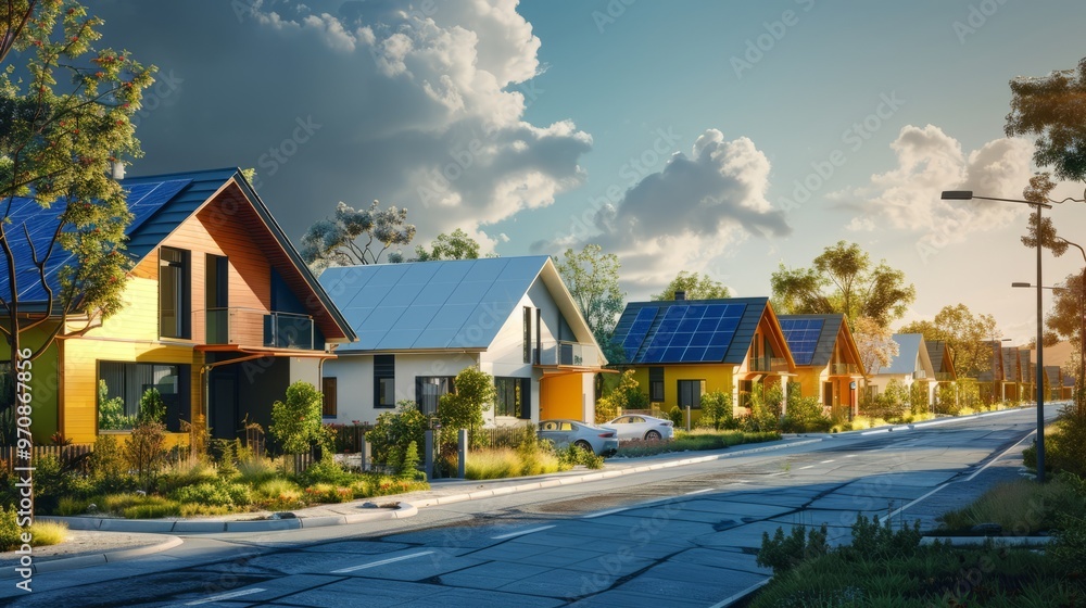 Poster a row of houses with a car parked in front of one of them
