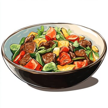 recommend clip art: Colorful Hand-Drawn Gaeng Ho Clipart of Mixed Vegetable and Meat Stir-Fry on White Background