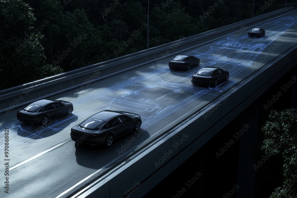 Canvas Prints The concept of the technology of the future in the safe movement of a car, driving without a driver, and recognizing artificial obstacles on the road.