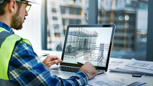Architect Shaping the Future: A focused architect meticulously reviews 3D blueprints on his laptop, embodying precision and innovation in modern construction.