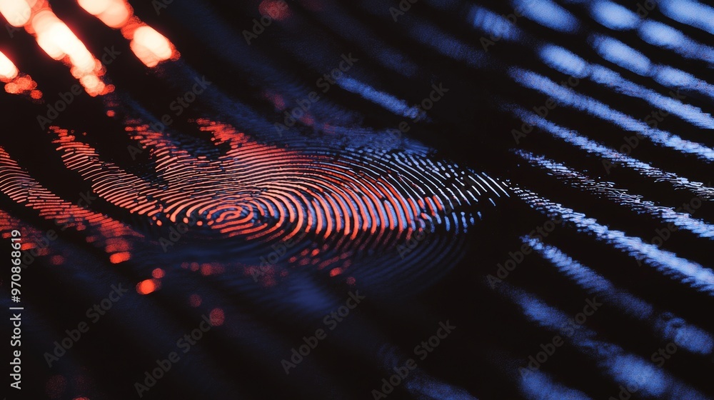 Aufkleber Illustration in 3D on blue digital background with cylinder-shaped light beam and floating fingerprints between circular HUD elements - identification concept for security scanning
