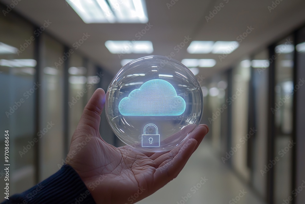 Poster an abstract glowing cloud hologram with a globe and safety icons on a blurry interior background is 