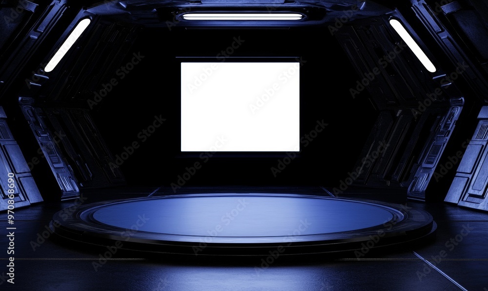 Fototapete Presentation of sci-fi product on a white and blue background in a spaceship with an obliquely angled object concept. 3D illustration.