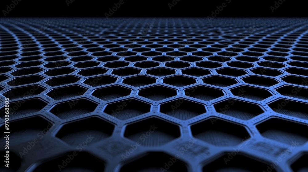 Poster Dynamic particles wave. Blue hexagons on black background. 3D rendering. Futuristic hexagon illustration. HUD element.