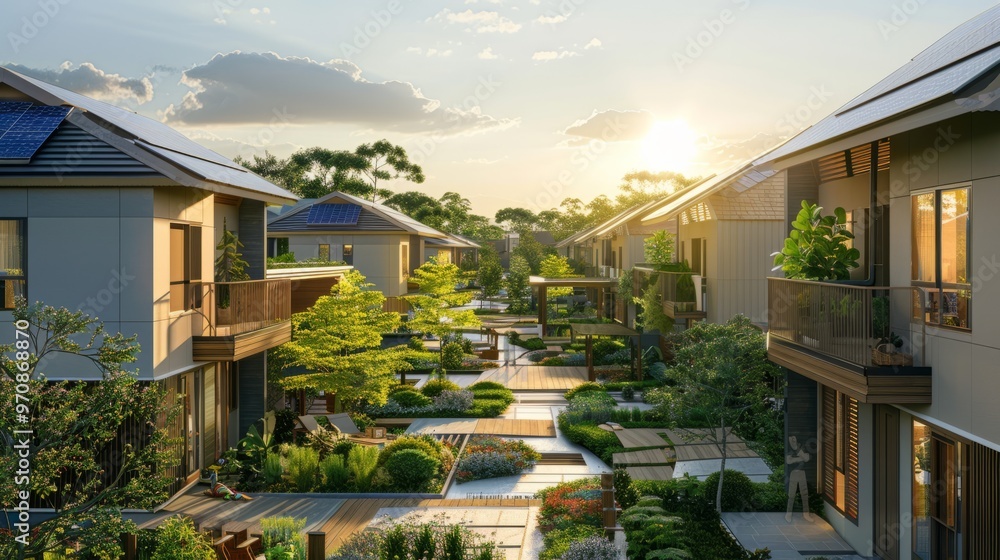 Poster a row of houses with a garden in between them