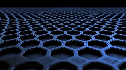 Dynamic particles wave. Blue hexagons on black background. 3D rendering. Futuristic hexagon illustration. HUD element.