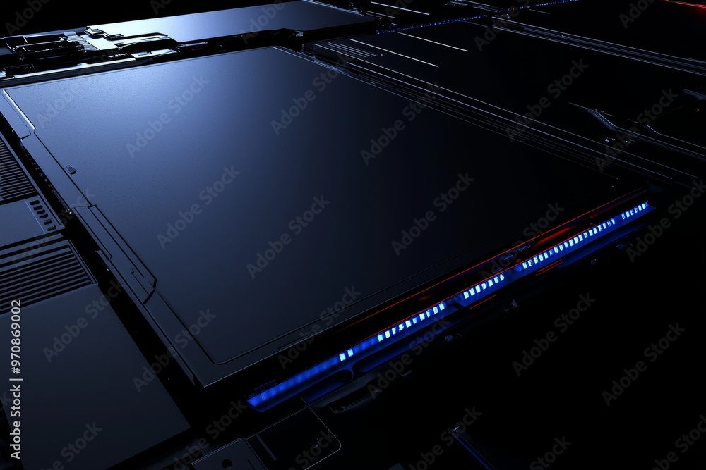 Fototapete In this digital rendering, a blue glowing loading sign is set in a virtual glowing frame on a dark abstract background combining a dark technology and abstract geometry.
