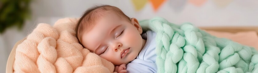 Newborn baby resting in a cozy cradle, covered with a soft blanket, Infant sleep, nurturing, comfort