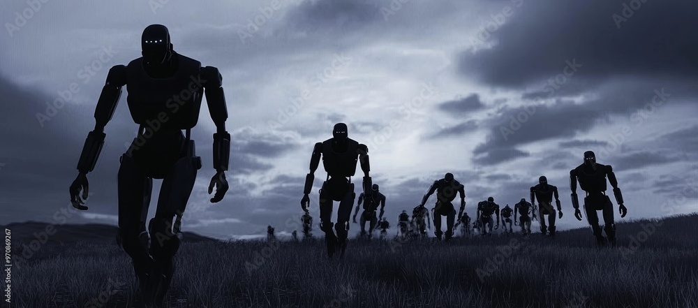 Poster A concept illustration of a military stock arms race to create an AI-enabled army, complete with autonomous robot soldiers and weapon systems.
