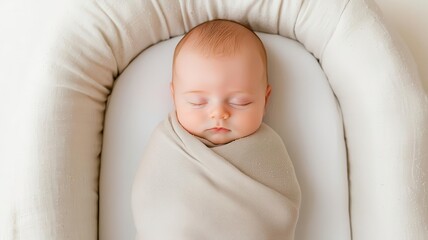 Newborn wrapped in a soft swaddle, lying in a cozy bassinet, Infant sleep, warm, nurturing