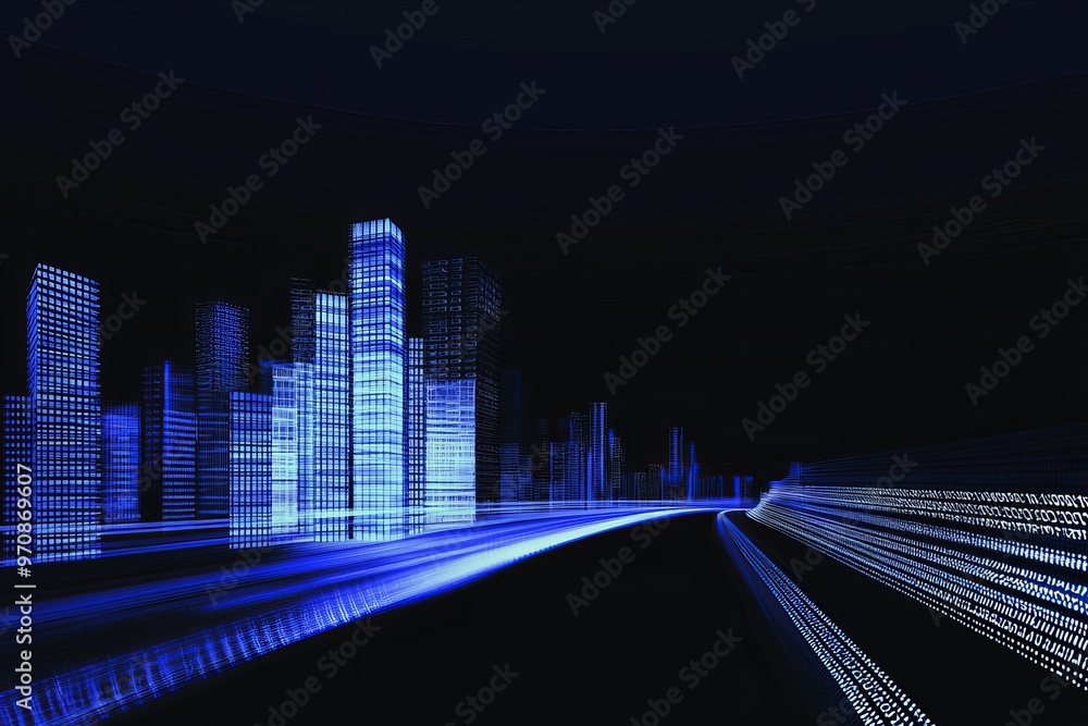 Poster glowing digital city background, future technology, landing page concept. 3d rendering.