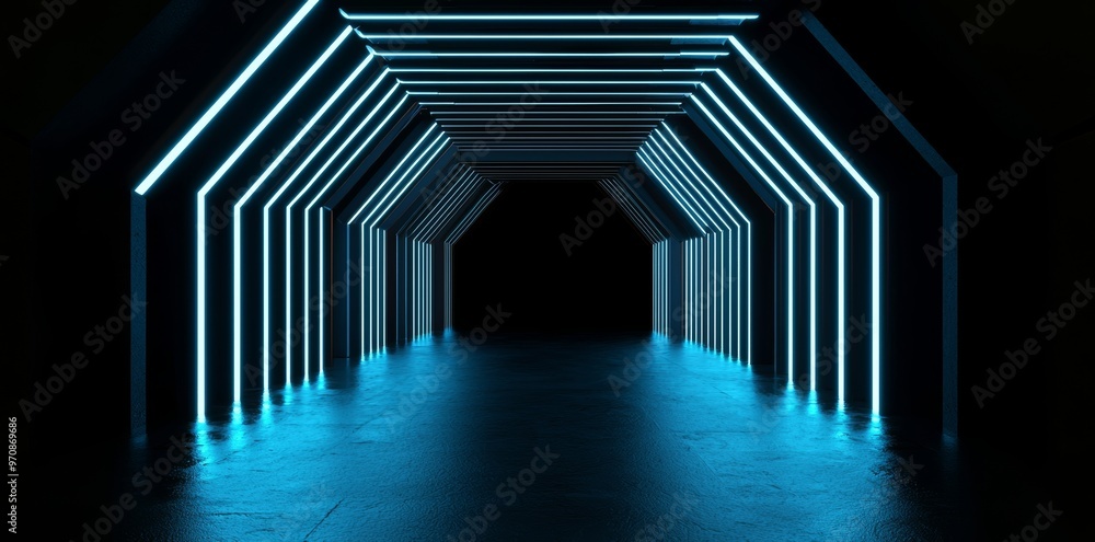 Poster in this futuristic world, holograms and portal technologies are common. there is a hexagonal technol