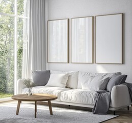 Fototapeta premium Mockup of a poster frame in a minimalist modern living room interior with a Scandinavian style background in 3D