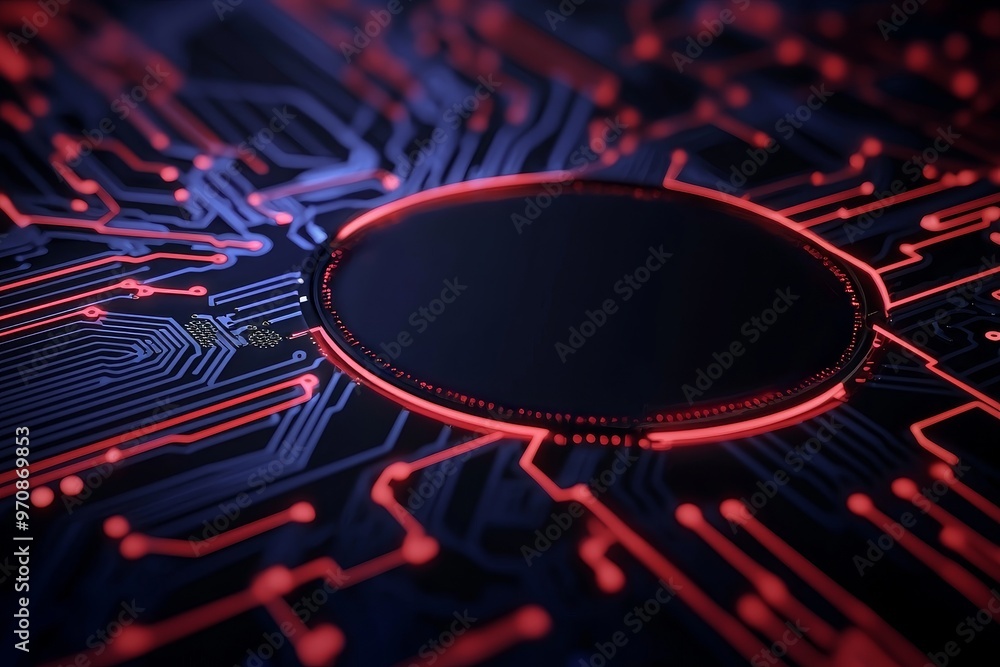 Poster digital hologram background with futuristic abstract circular technology. stock photo