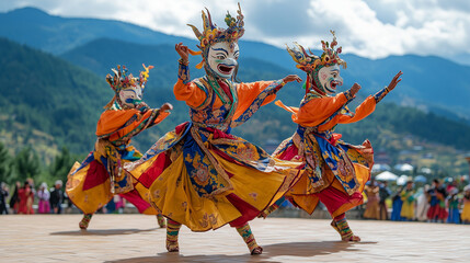 Thimphu Tshechu Festival in Bhutan, dancers in colorful costumes and traditional masks dance in the temple courtyard, Ai generated images