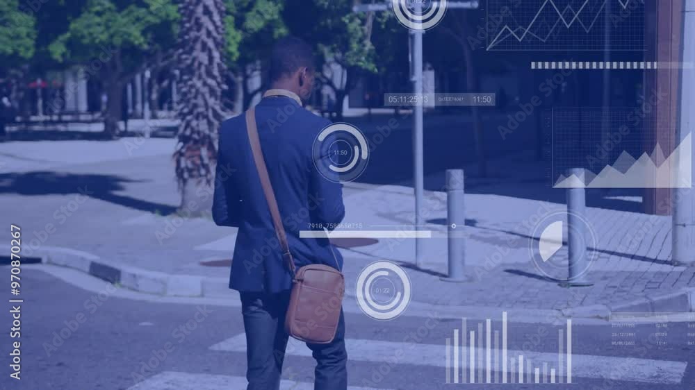 Poster businessman walking on street with data analytics and graphs over animation