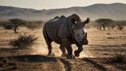 Powerful rhinoceros walking through dusty savanna in golden sunlight