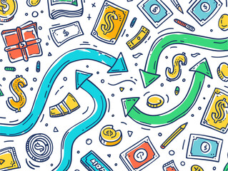 Cartoon Illustration Depicting the Continuous Cycle of Cash Flow: Revenue, Profit, and Financial Stability