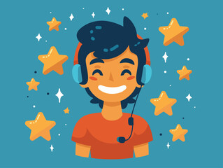 Fototapeta premium Cartoon Customer Service: Delighted Client with Support Emblem for Outstanding Service and Satisfaction