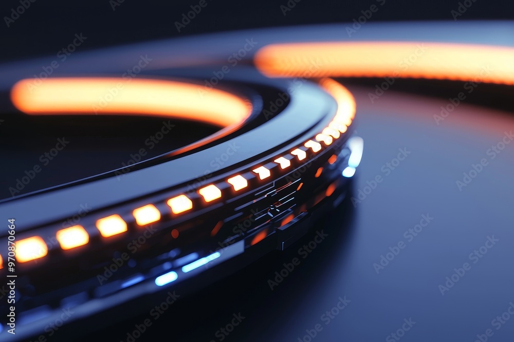 Poster Overlay or screen filter texture of abstract blue and orange light effect. Illuminated digital tunnel element. Hologram on dark technology background. Tech concepts, science fiction, technology.