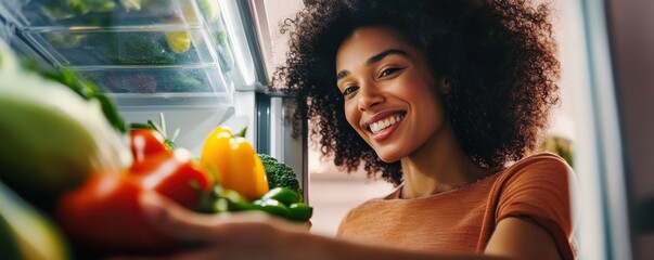 Close-up of a woman smiling widely while stocking fresh vegetables in the refrigerator, promoting healthy eating and the joy of fresh produce at home.