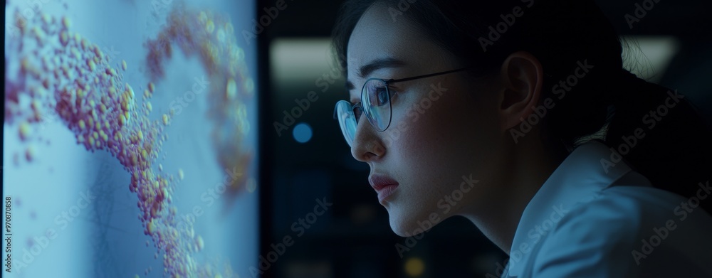 Poster Woman using server computer hud user interface gui interface hologram futuristic engineer working in workshop studio office skilled data coder on laptop computer cloud computing management control.