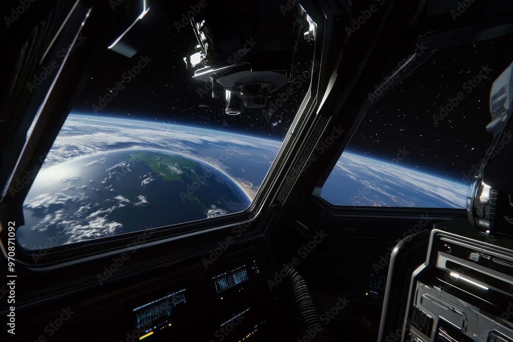 Poster spacecraft white cabin with a round window that provides a stunning view of the universe