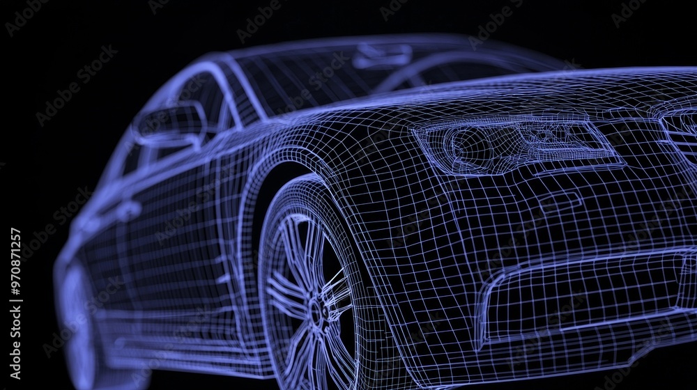Poster wireframe car model rotating in black virtual space. abstract style car isometric banner. hologram a