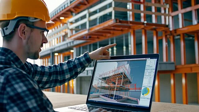 Construction Project Planning: A focused construction engineer examines a 3D model on his laptop, pointing towards the details of a large-scale building project, representing the meticulous precision 