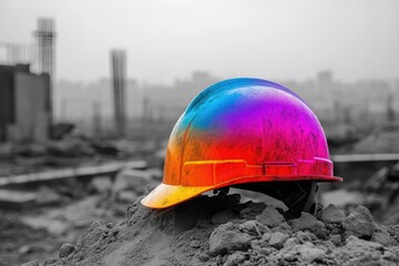 A Vibrant Construction Helmet Resting on a Pile of Gravel