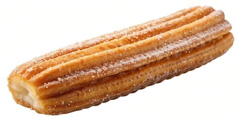 Soft golden churro pastry floats solo on a transparent canvas, its crispy edges and tender center beckoning to