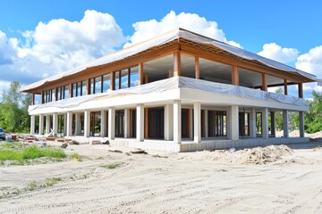 Fototapeta premium Located in the suburbs of Toronto, this modern house features stucco walls, large WTW floor to ceiling windows, wooden decks and an unfinished pergola in the backyard.