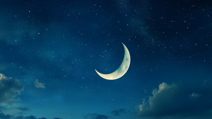 Obraz na płótnie Canvas Crescent Moon and Starry Night: A serene and celestial scene of a crescent moon glowing brightly in a night sky filled with twinkling stars. 