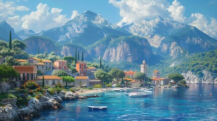 Oil Painting of a Small Town on the Mediterranean Sea