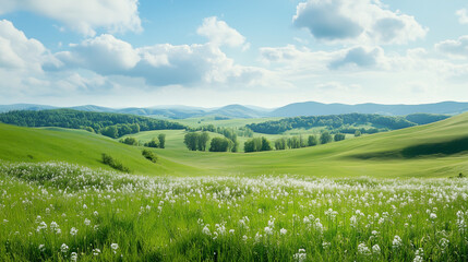 Fototapeta premium Rolling Green Hills: A serene landscape unfolds under a clear blue sky, dotted with fluffy white clouds. The gentle rolling hills, a vibrant green canvas, evoke a sense of tranquility and peace. 