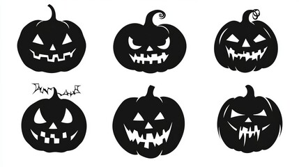 Set of Halloween black pumpkin silhouettes isolated on white background