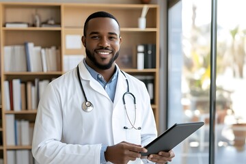 Smiling Black male doctor holding a tablet in the office