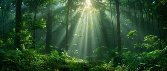 Obraz premium Ultra-sharp photo of a lush green forest with towering trees and dappled sunlight filtering through the canopy, evoking tranquility and natural beauty.