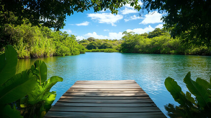 Obraz premium Tranquil Lake Escape: A serene wooden pier stretches out into the shimmering blue waters of a tranquil lake, inviting you to escape the everyday and embrace peace. 